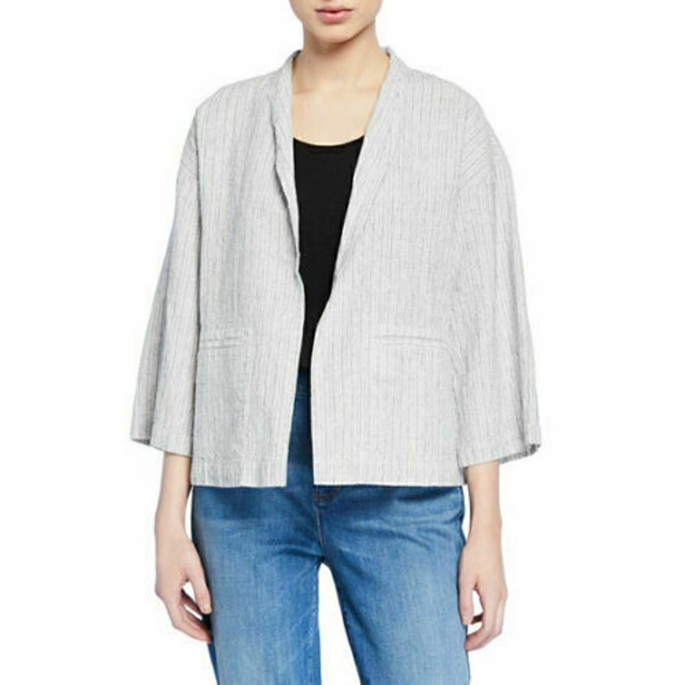 Eileen Fisher Ivory Organic Linen Cotton Boxy Ticking Stripe Jacket Size S